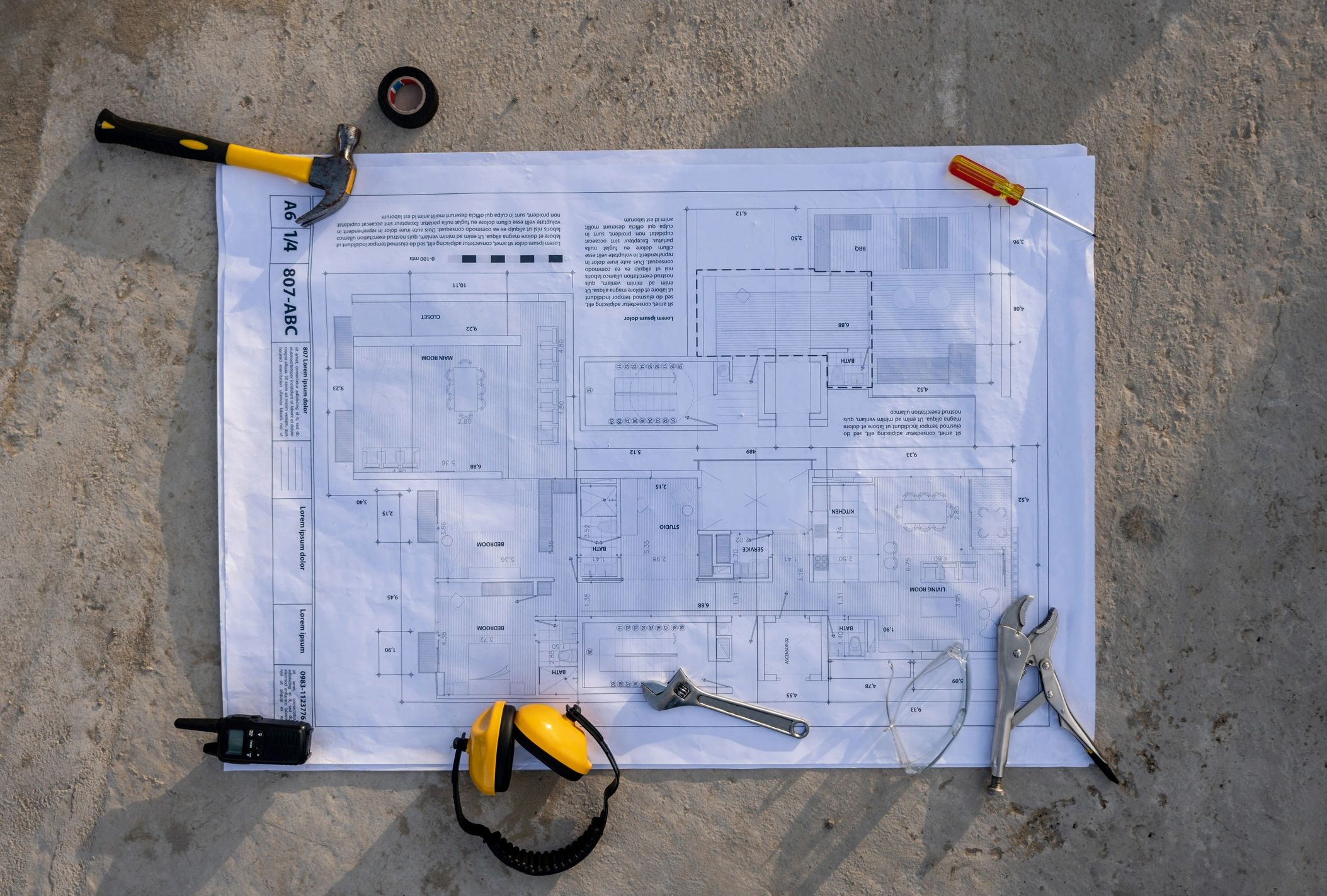 Construction blueprint showing technical structural plans